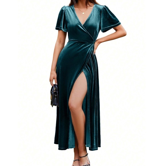 Classic Solid Velvet Wide tie Puff Shoulder Sleeve Party Evening Dress - Picture 7 of 10